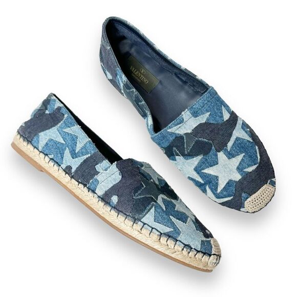 Valentino Blue Denim Stars Camo Canvas Espadrille Flat Sandals Women’s Size 40/9 - Picture 1 of 11